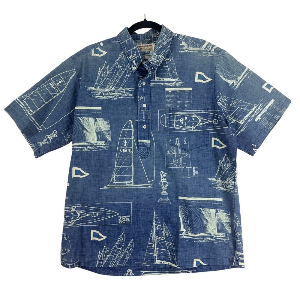 Kahala Hawaiian Shirt Large Blue Sailboat Print Short Sleeve USA Made